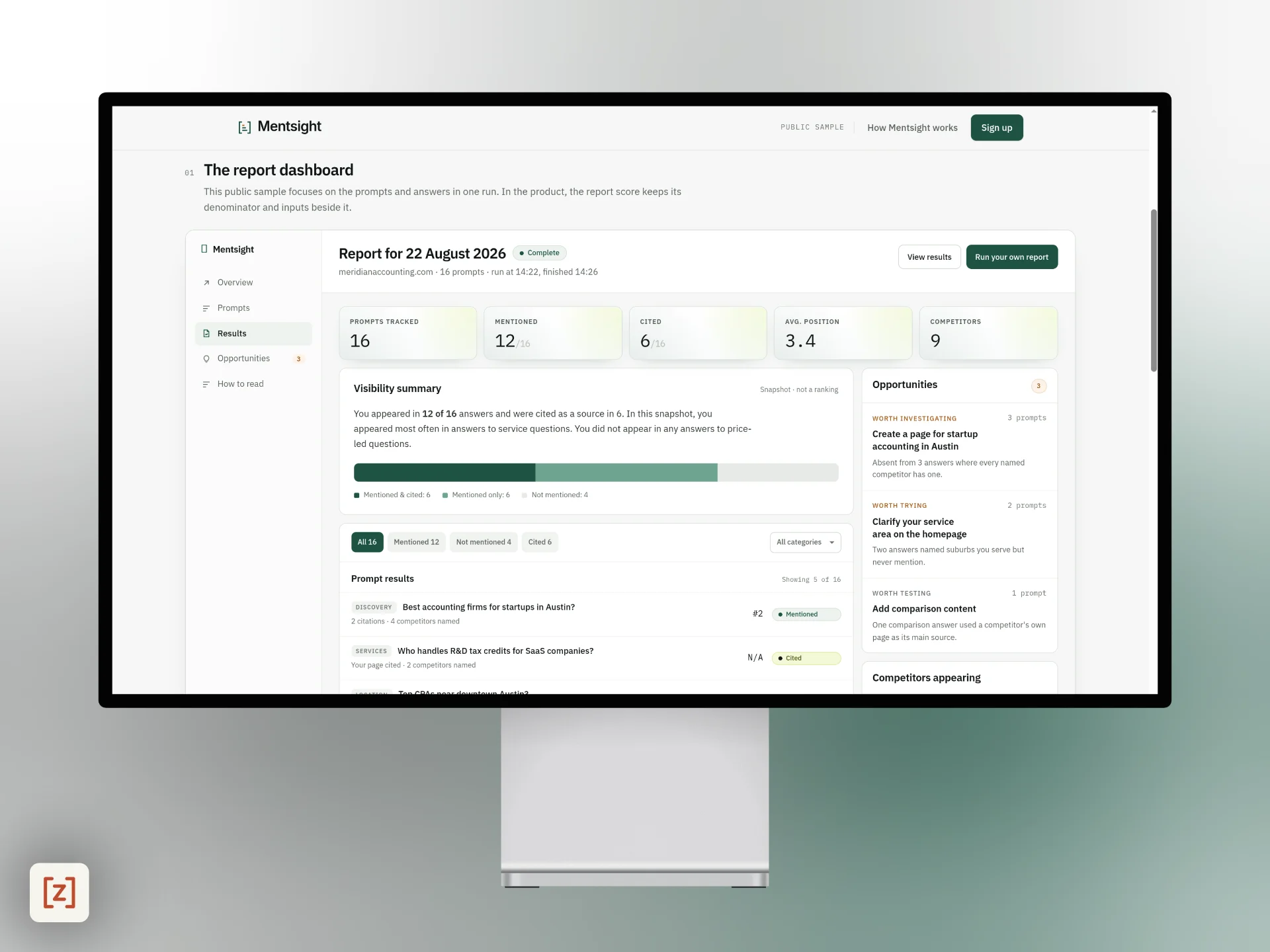 Mentsight public sample report on a desktop monitor, showing AI mentions, citations and opportunities to investigate.